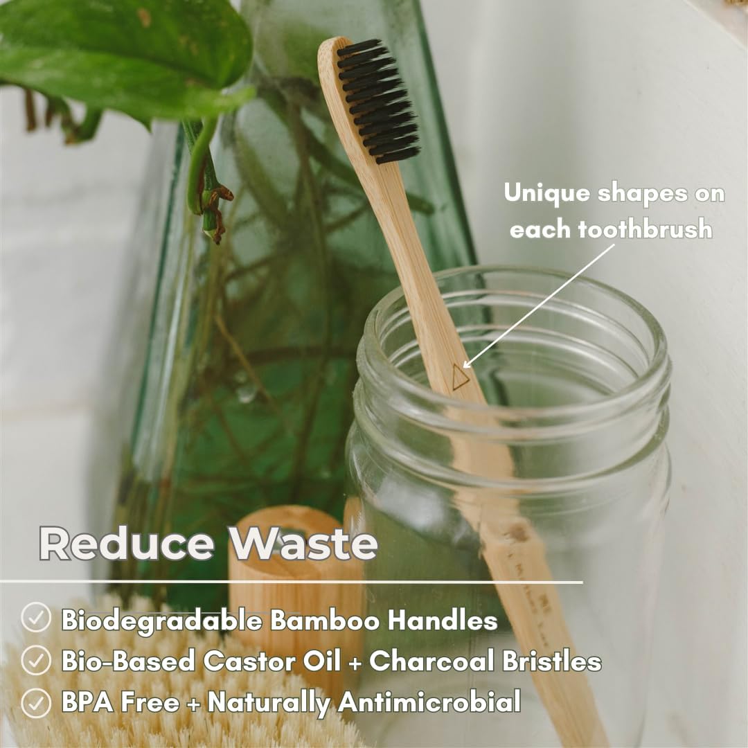 ME MOTHER EARTH Bamboo Charcoal Toothbrush Pack, Medium Soft Bristle Brush, Charcoal Infused Bristles, Biodegradable & Eco Friendly, Sustainable Bamboo (Pack of 4)
