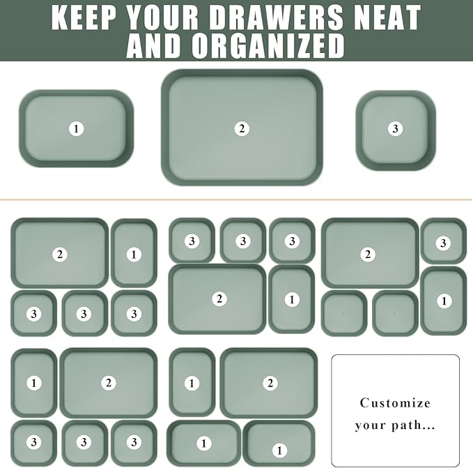 Plastic Drawer Organizers, 10 PCS Drawer Organizer Bins, Bathroom and Vanity Organizer Plastic Tray, Makeup organizer and storage for Makeup, Bedroom, Kitchen Gadgets Utensils and Office (Green)