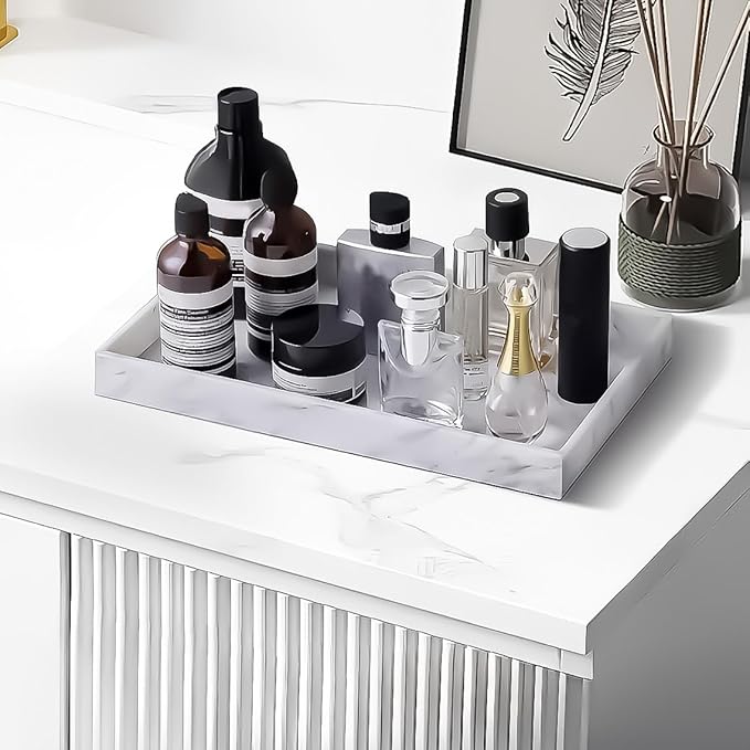 2PCS(7.87” L and 11.8” L) Silicone Soap Dispenser Tray, Kitchen soap Caddy countertop, Toilet, Tray for Scrubber, Lotion Bottles, Perfume, Jewelry, Candle, Key Trinket Ring-White Marble