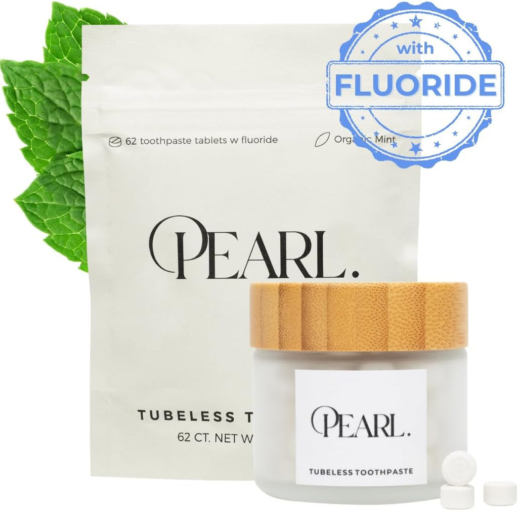 Starter Kit: The Pearl Jar & Fluoride Mint Toothpaste Tablets | Dentist Developed | Natural Whitening | TSA Approved | Reusable Packaging (Jar + 62 Tablets)