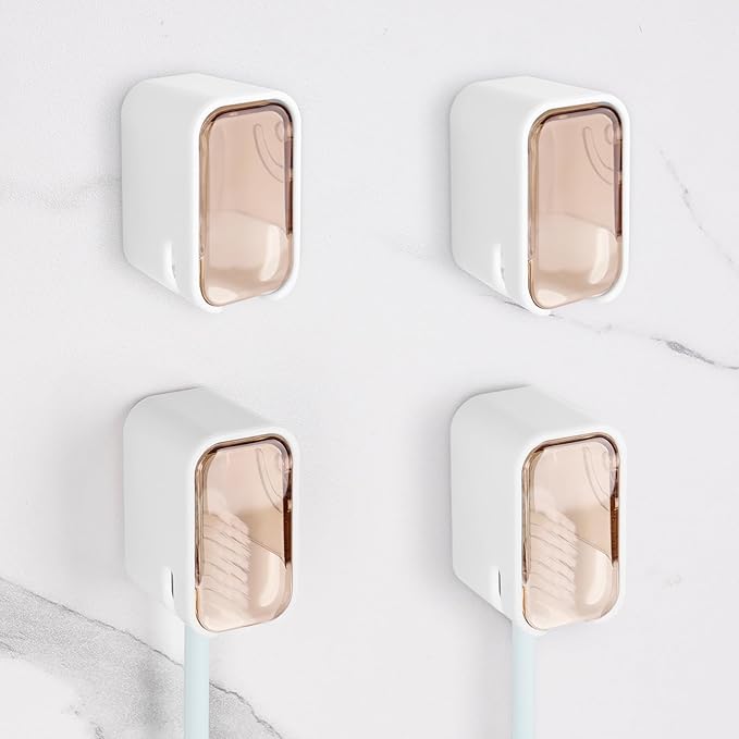 4 Pack Toothbrush Holders for Bathrooms Shower, Wall Mount Toothbrush Organizer with Cover, Self Adhesive Electric Toothbrush Storage, Quick Dry Toothbrush Hanger (Orange)