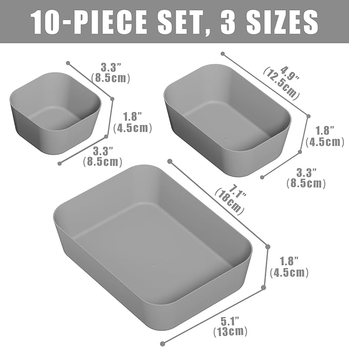 Plastic Drawer Organizers, 10 PCS Drawer Organizer Bins, Bathroom and Vanity Organizer Plastic Tray, Makeup organizer and storage for Makeup, Bedroom, Kitchen Gadgets Utensils and Office (Gray)