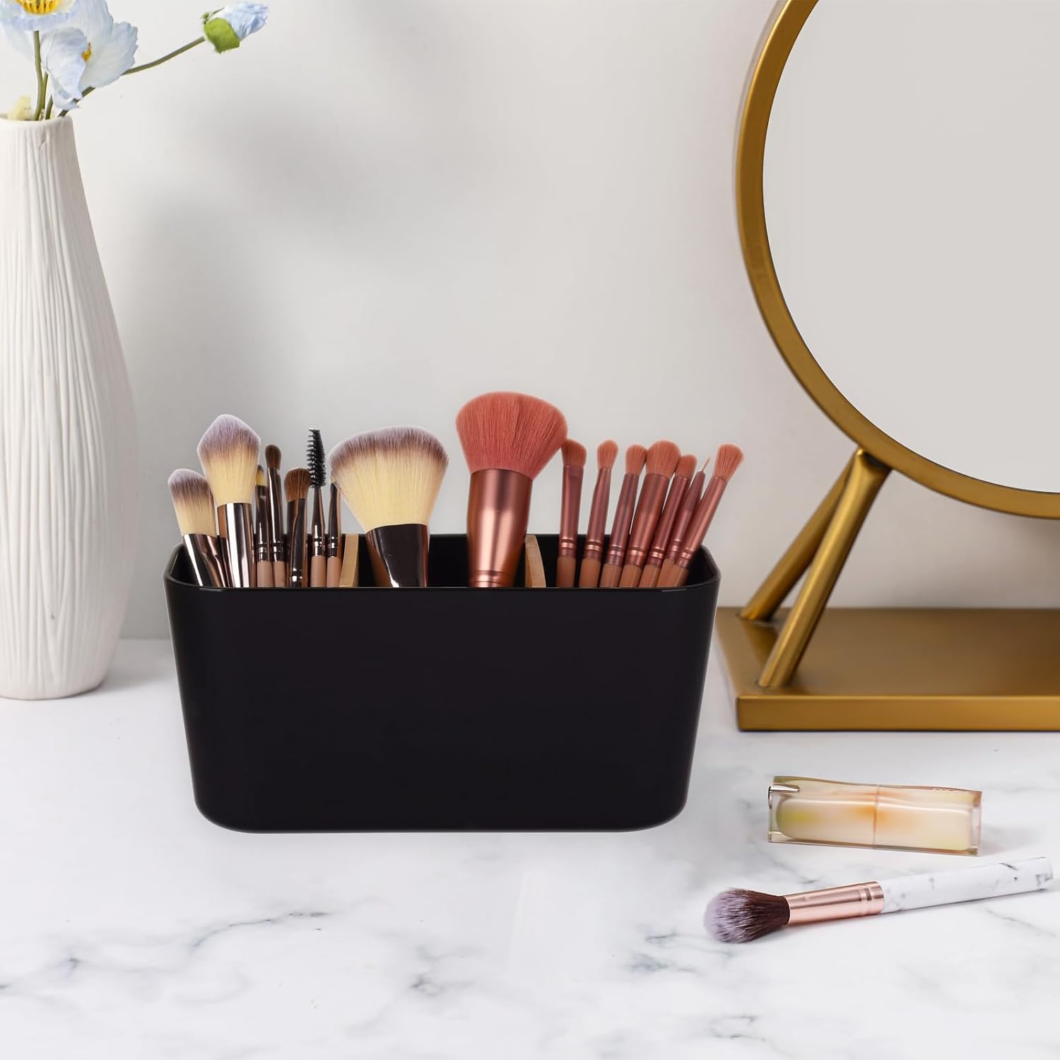 Toothbrush Holders for Bathrooms, Bamboo Tooth Brush Holder with 3 Slots Bathroom Vanity Organizer Countertop for Electric Toothbrushes, Toothpaste, Razors - Black