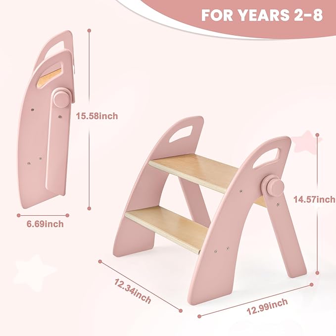 Wooden Step Stool, Two Step Stools, 300 lb. Load Capacity, with Safety Non-Slip Pads and Handles, Bamboo Step Stool for Bathroom and Kitchen, Children's Double Height Step Stools(Pink)
