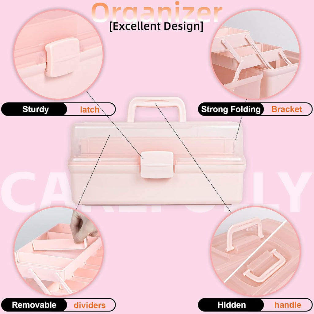 14in 3-Layer Multipurpose Craft Organizers and Storage with Adjustable Dividers, Portable Tackle Box, Folding Art & Craft Case for Medicine, Tool, Sewing Organizer (Pink, X-Large)