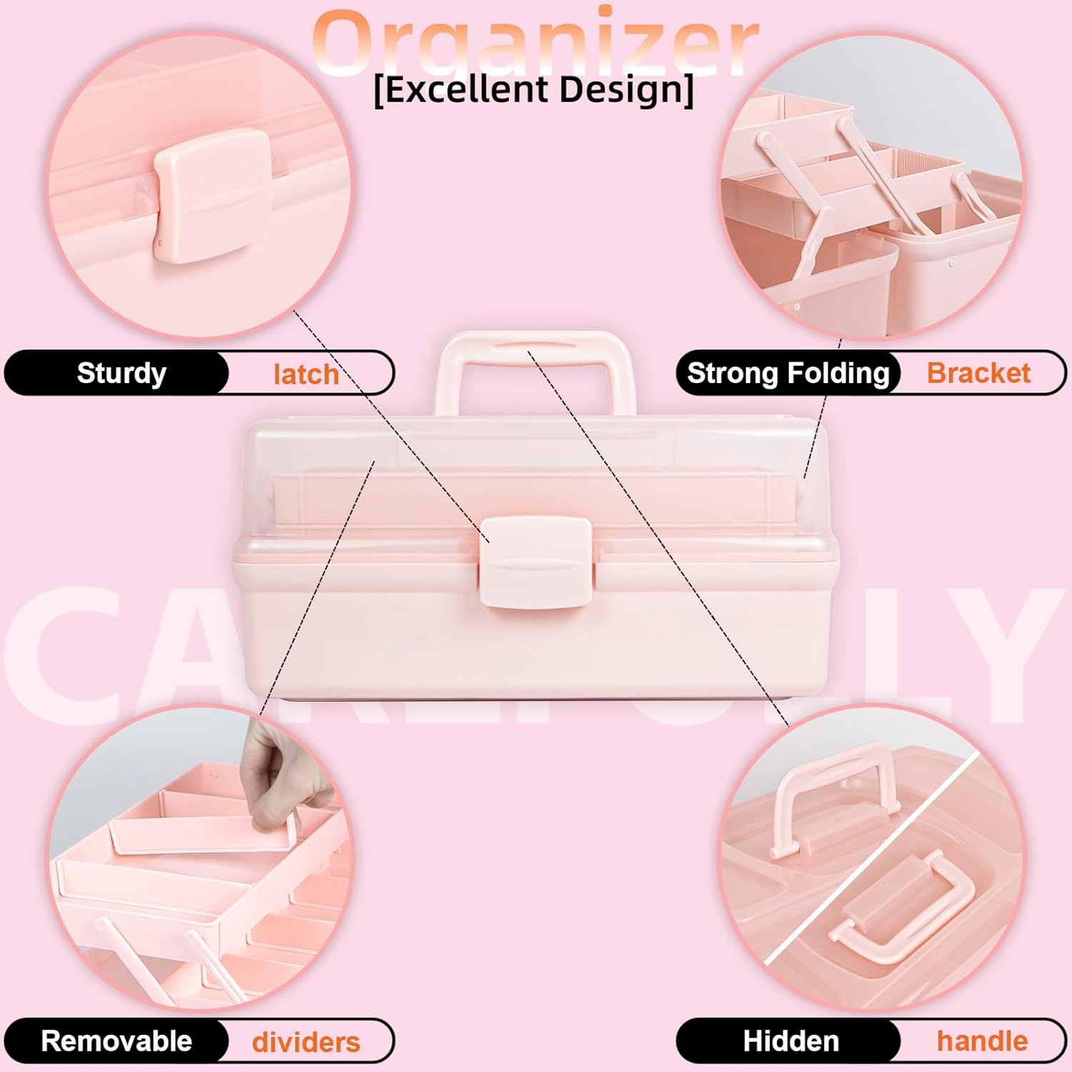 14in 3-Layer Multipurpose Craft Organizers and Storage with Adjustable Dividers, Portable Tackle Box, Folding Art & Craft Case for Medicine, Tool, Sewing Organizer (Pink, X-Large)