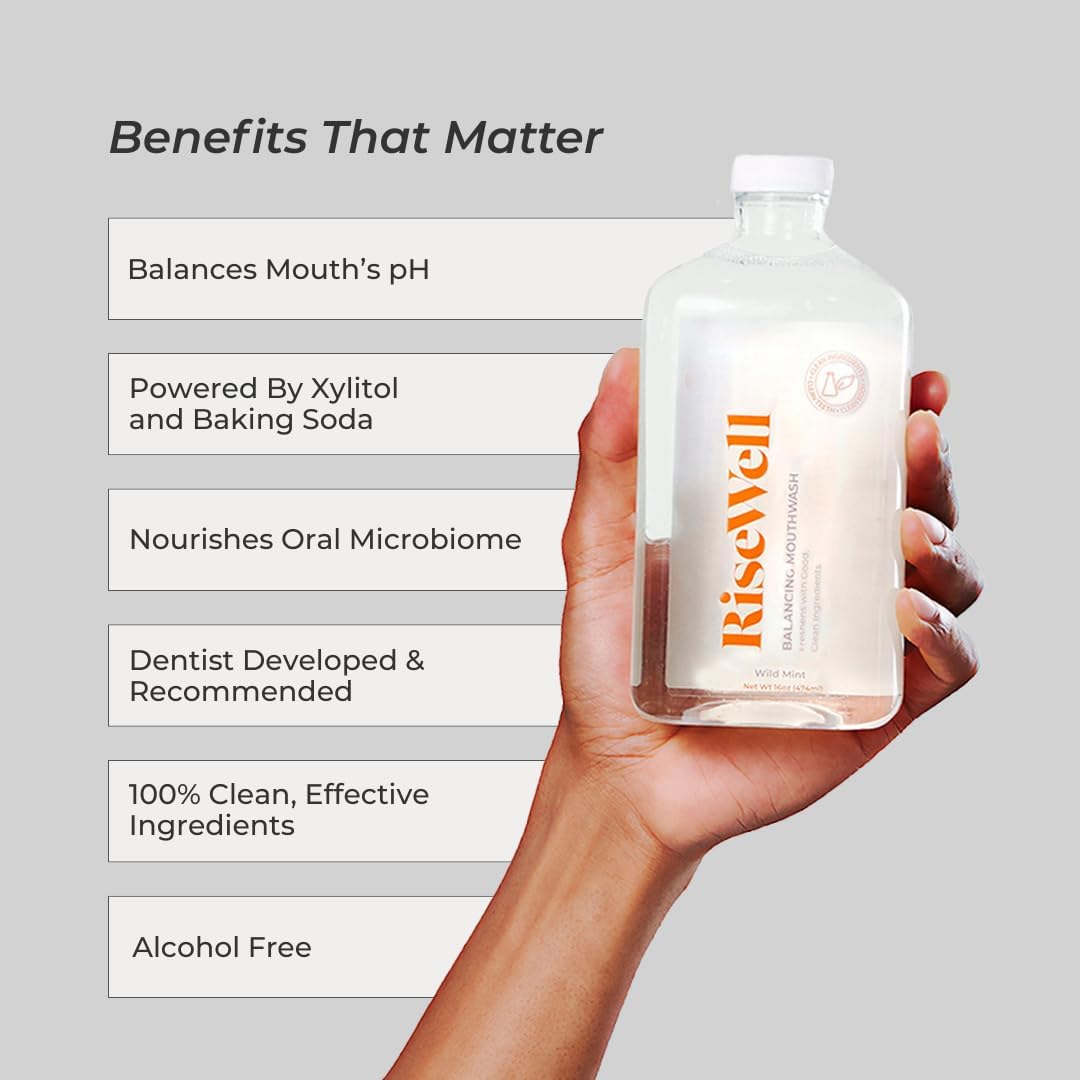RiseWell Balancing Mouthwash - pH Balancing Alkaline Alcohol Free Mouthwash - Dentist Developed Dry Mouth Rinse - No Added Fluoride and SLS-Free - Wild Mint, 16 Oz
