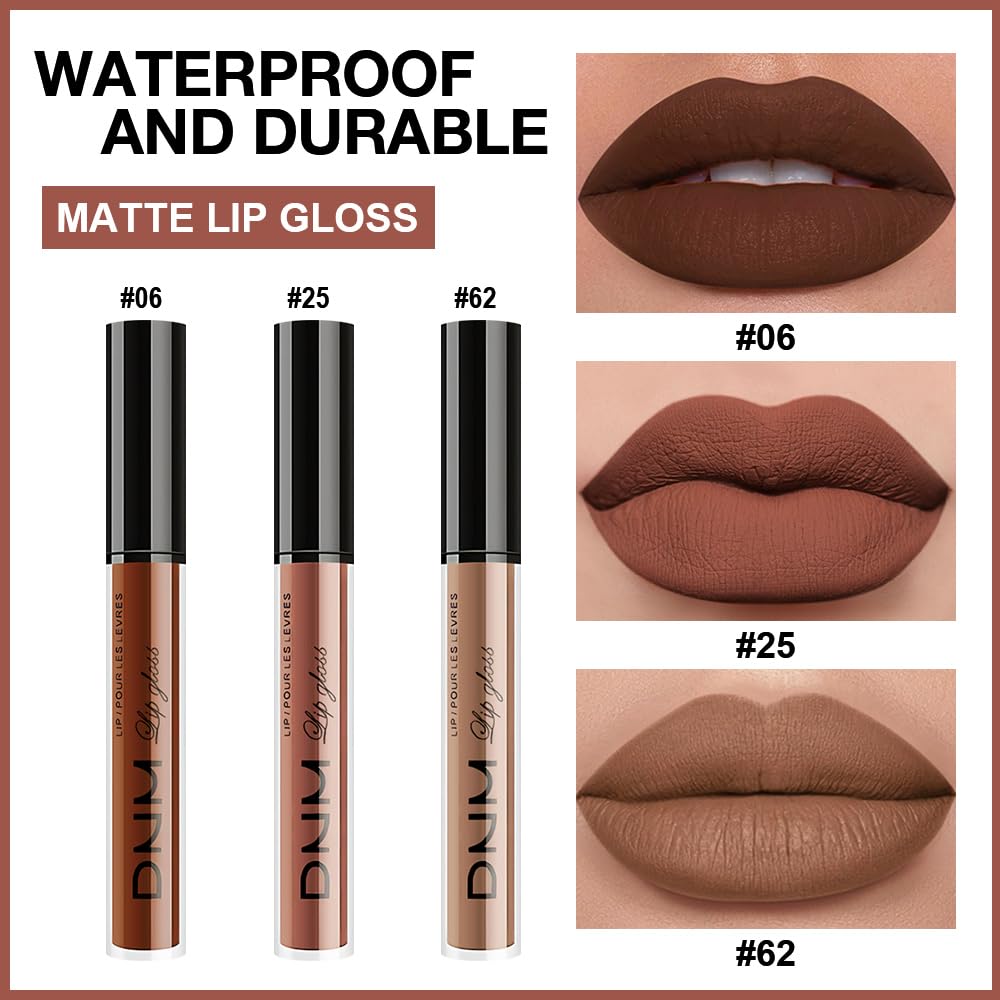 AMY'S DIARY 3Pcs Matte Liquid Lipstick Set, Dark Chocolate Brown Terracotta Brown Taupe Nude Lip Stain Kit, LipStain Long Lasting 24 Non-Transfer Lip Gloss, Waterproof Lip Makeup for Women Lippies