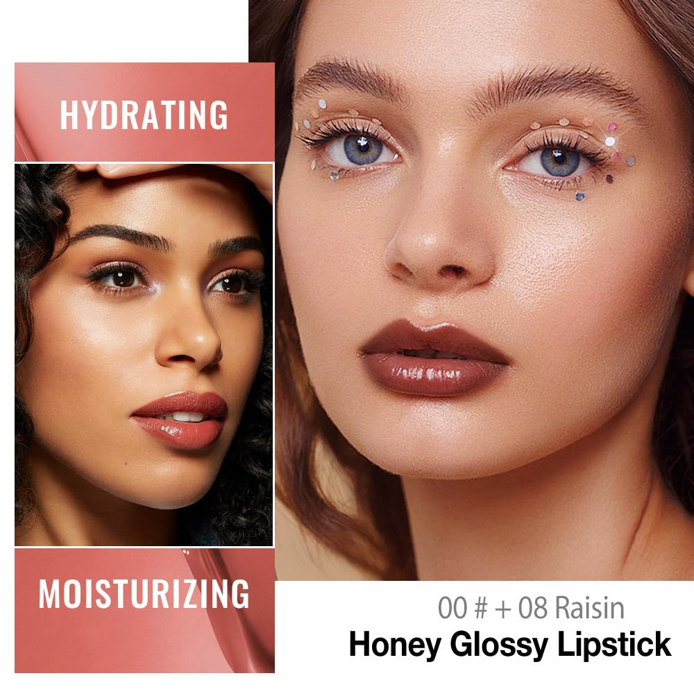 Kaely 2Pcs Honey Lipstick Tinted Lip Balm, Hydrating Shine Lipstick for Women Dry Lips, Moisturizing Nourishing Glossy Lip Gloss Stain Makeup, Sheer Lightweight, Vegan, 00+08 Raisin