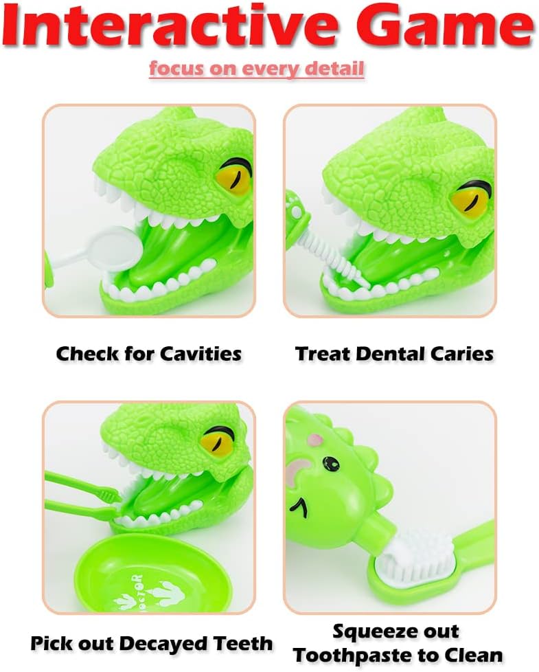 10PCS Plastic Dinosaur Simulation Dentist Play Set Animation Medical Kit Pretend Toy for Kids Hygienic Habbit Cultivation Role Play Game for Children 5 models 4 colors OPP Bag Packaging (Mixed Colors)