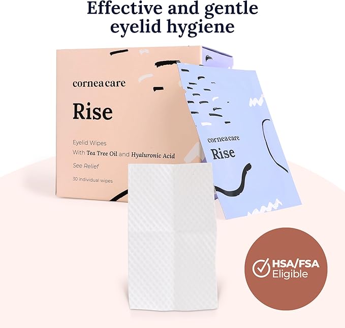 CorneaCare Rise: Eyelid Wipes | Eye Wipes for Dry Eyes | Eyelid Wipe with Tea Tree Oil & Hyaluronic Acid | Travel Ready | 30 Count