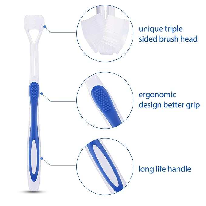 4 Pieces Toothbrush 3 Sided 7.1 Inch Autism Sensory Toothbrush 360 Degree Cleaning Travel Brush Complete Teeth Gum Care Angle Clean Tooth(Blue)