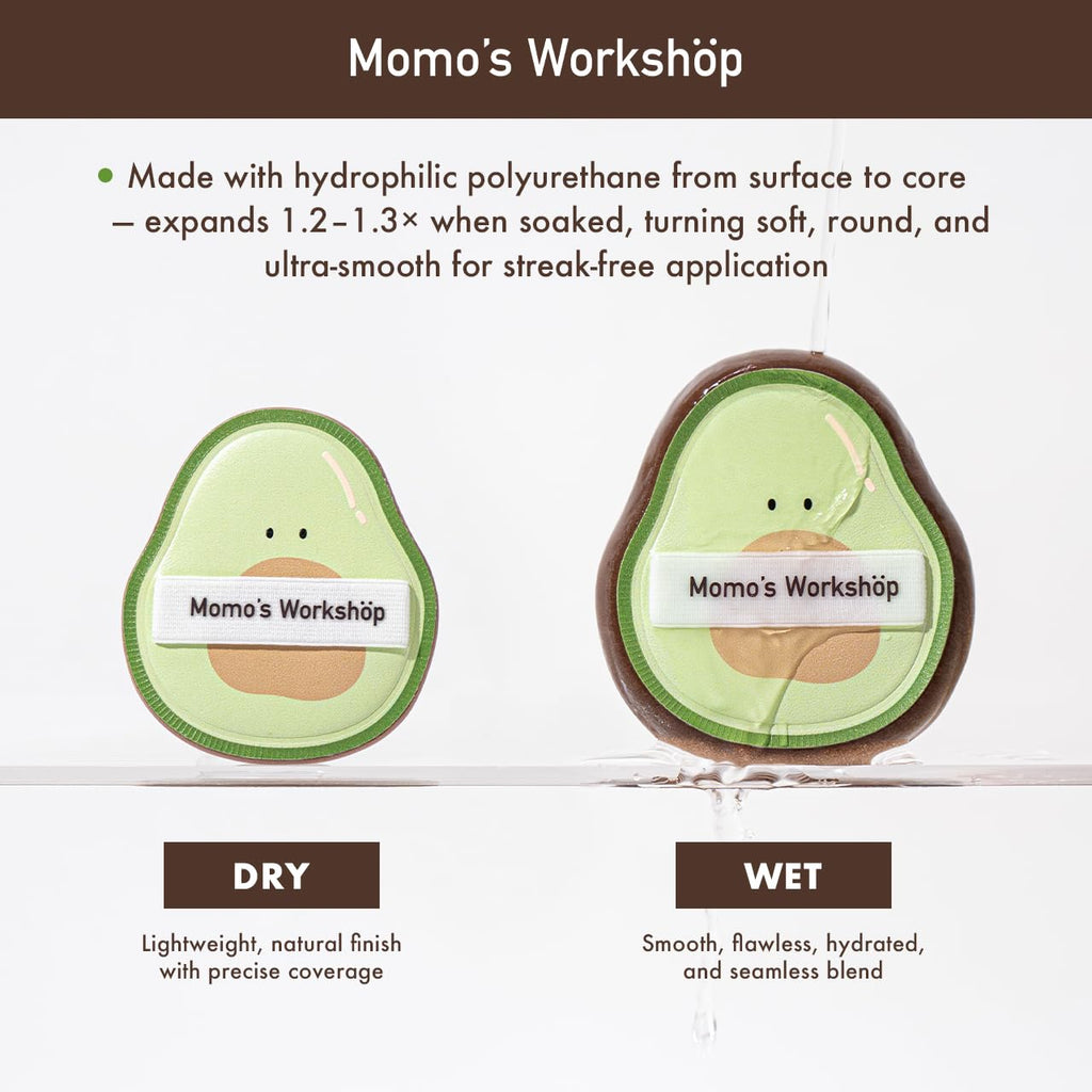 Momo’s Workshop Avocado Makeup Sponge-Hydropolyurethane Foundation Sponge for Buildable Coverage, Dry&Wet Use with PU Leather Handle, Beauty Tool,2pcs Makeup Puffs With Storage Case
