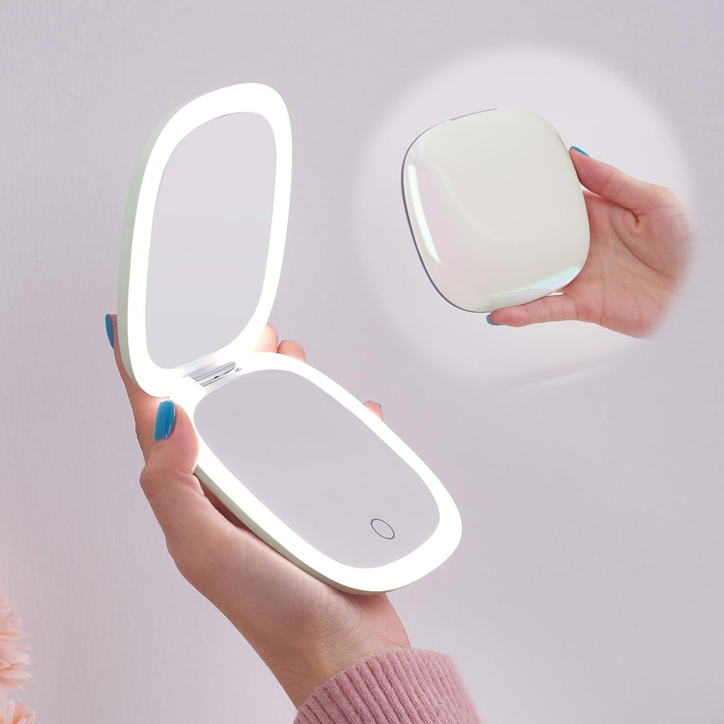 Mocado Compact LED Travel Makeup Mirror - 4 Inches 1X/10X Magnification Travel Mirror with Light Dimmable Double Sides Lighted USB Rechargeable Compact Mirror for Purse,Pocket,Travel(White)