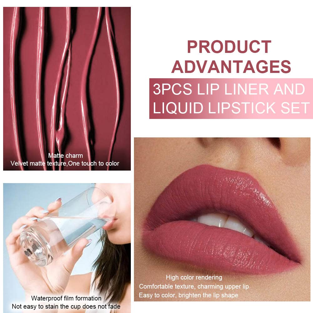 3Pcs 2 in 1 Mauve Neutral Light Rosey Nude Blue Red Lip Liner and Liquid Lipstick Stain Makeup Set for women, Long Lasting Smudge Proof Lip Tint Matte Finish Lip Gloss for All-Day Color Hold, Set10