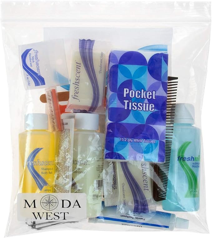 Moda West 24 Kits - Bulk Case of Wholesale 19-Piece Hygiene & Toiletry Kit for Men, Women, Travel, Charity, Homeless Shelters, Bathroom Personal Care Essentials for Donation, Emergency, Hotels & More