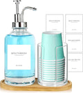 17OZ Mouthwash Clear Glass Pump Dispenser with Disposable Mouthwash Cups Holder Refillable Clear Container with Bamboo Tray, Mouthwash Labels