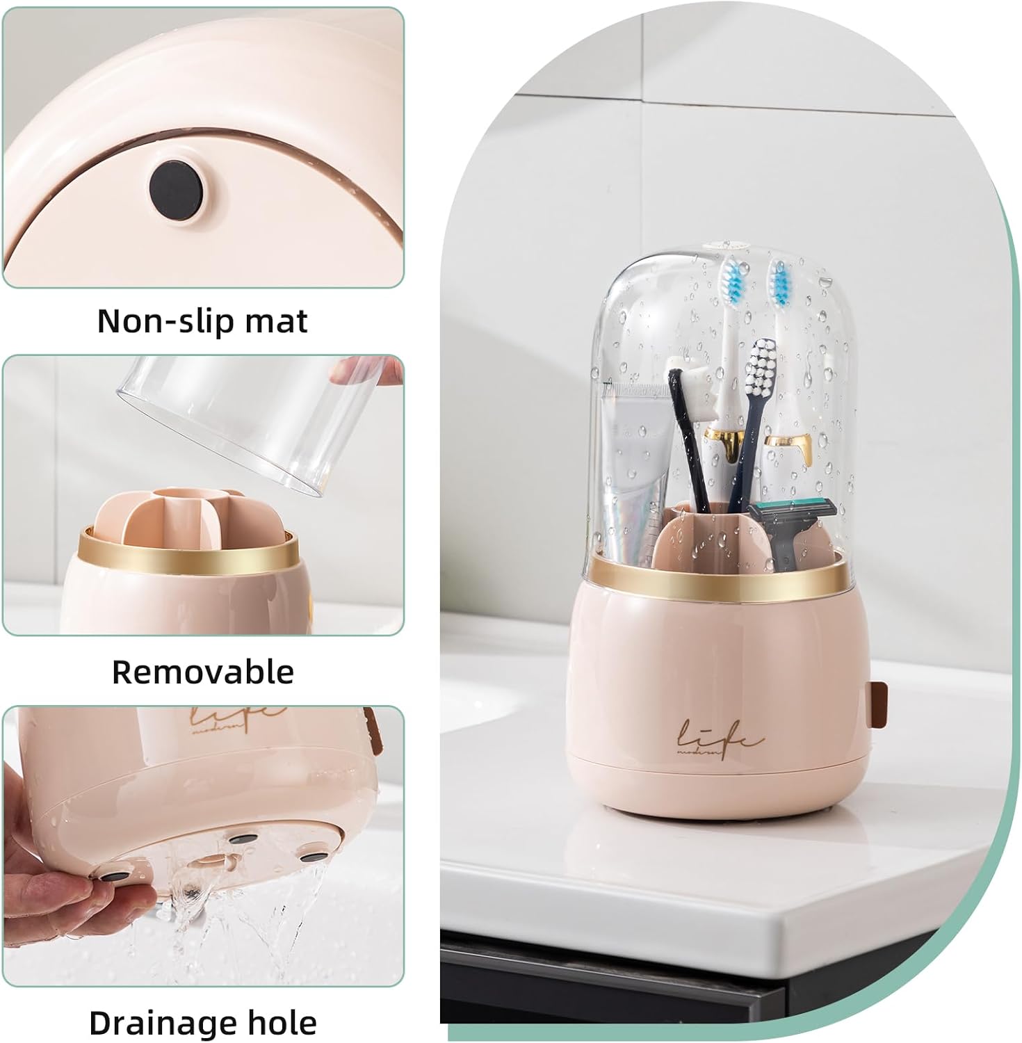 Toothbrush Holders for Bathrooms, Rotating 7 Slots Electric Toothbrush Holders with Cover, Countertop Toothpaste Organizers (Pink)