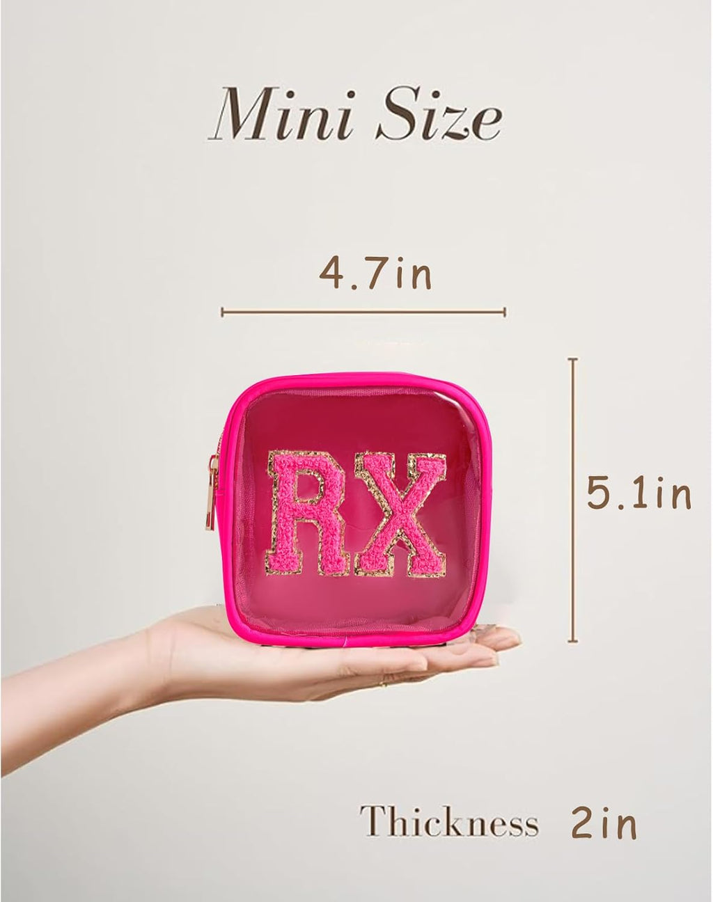 Small Chenille Letter Clear Medicine Makeup Bags,Nylon PVC Waterproof Rx Pouch with Metal Zipper, Cute Drug First Aid Travel Organizer for Women Girls(02Hot Pink)