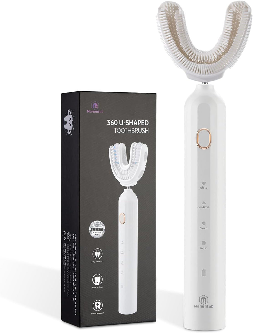 Ultrasonic U-Shaped Toothbrush for Adults, Electric Toothbrush for Teeth Whitening, Automatic 360-degree with Waterproof IPX7, 4 Modes for Cleaning(White)