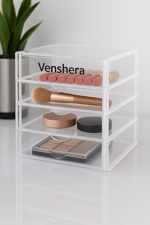 Venshera 4-Drawer Acrylic Organizer – Clear Storage Box with Sliding Drawers for Bathroom, Vanity, Desk, or Makeup. (Clear white)