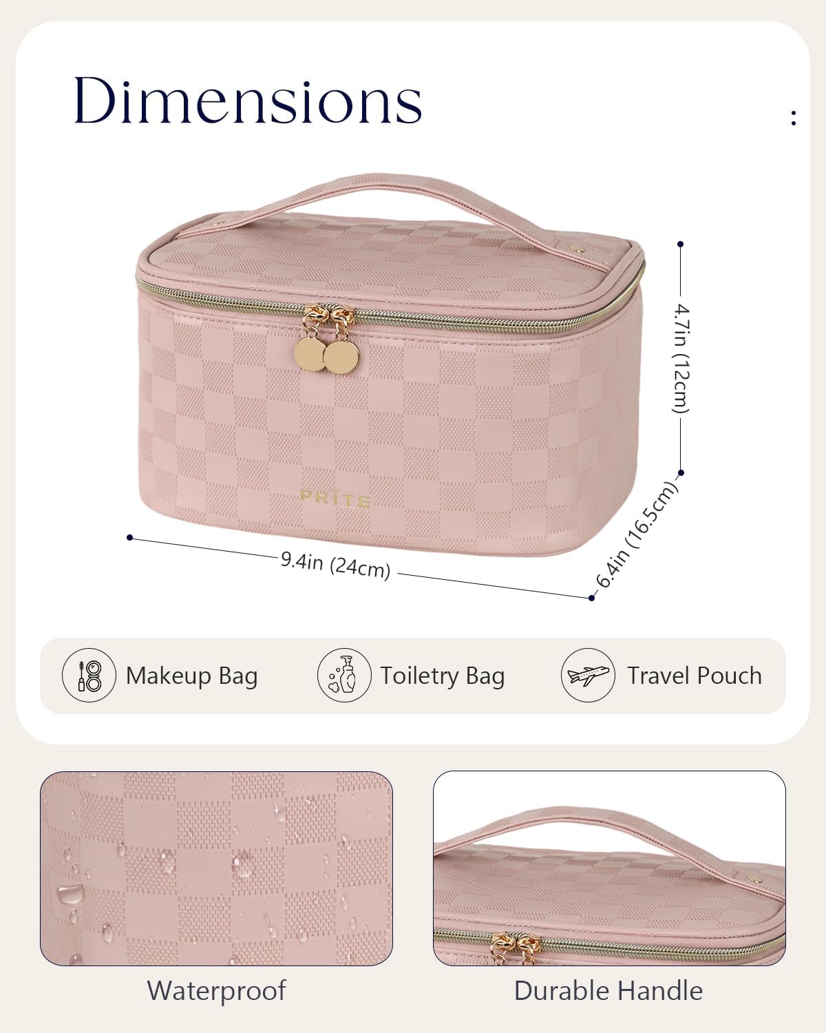 Prite Makeup Bag Portable Cosmetic Organizer with Brush Holder Waterproof Travel Toiletry Bag for Women with Handle and Divider (Checkered Pink)