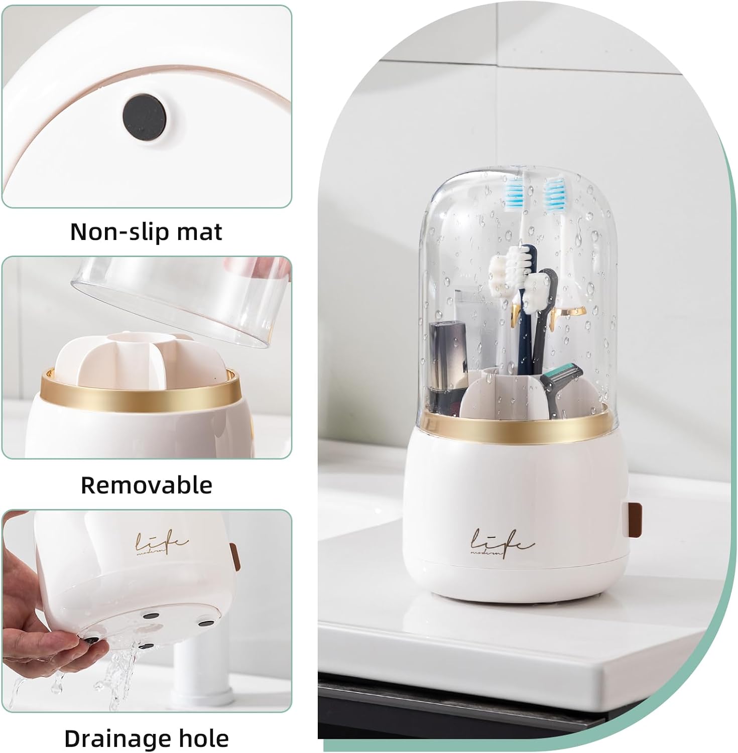 Toothbrush Holders for Bathrooms, Rotating 7 Slots Electric Toothbrush Holders with Cover, Countertop Toothpaste Organizers (White)