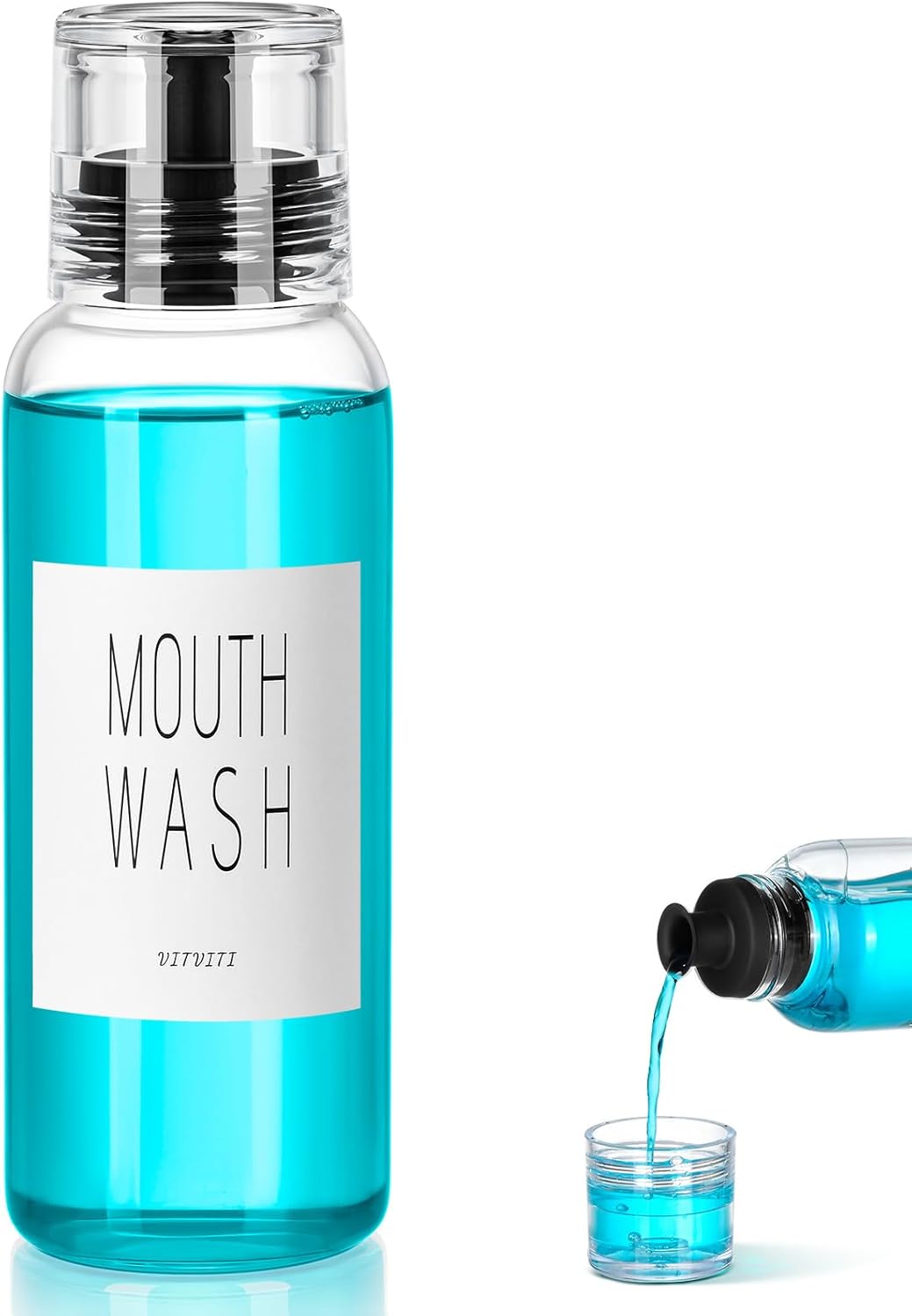 VITVITI Glass Mouthwash Dispenser for Bathroom, 10 OZ Mouth Wash Container Bottle with Lid Cup, Countertop Small Clear Refillable Mouthwash Dispensers Decanter (Black)