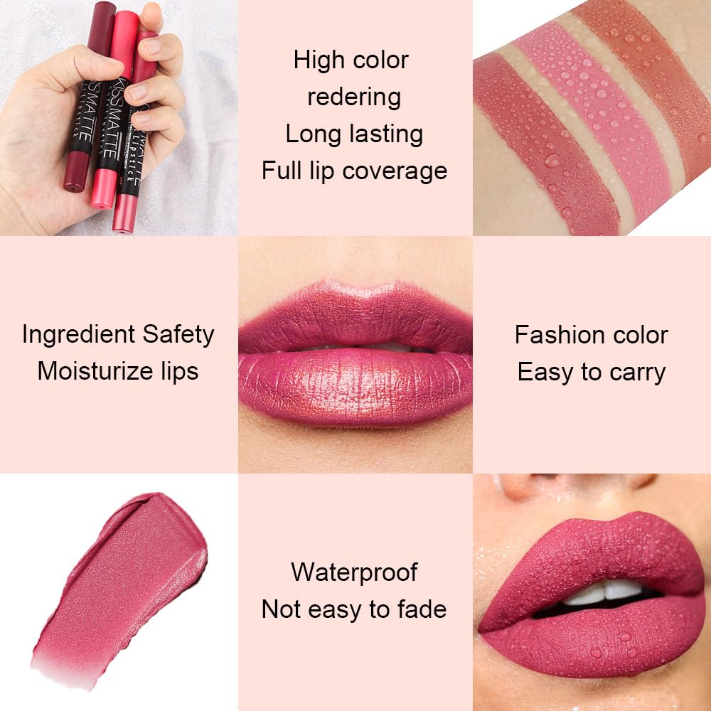 evpct 1Pcs Natural Pink Metallic Lipstick and Lip Crayon Liner Pencil Pen for Women Lip Stain Long Lasting Waterproof labiales mate magicos 24 horas originales pintalabios permanente 24 horas 07