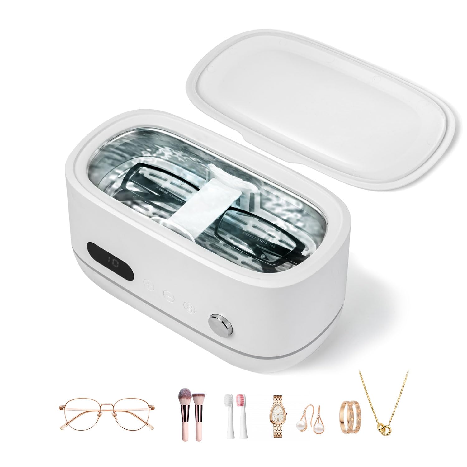 Powerful Ultrasonic Cleaner for Jewelry, Eyeglasses, Watch & Brushes, 480ML Stainless Steel Tank, Portable Design, Fast Clean for Ring, Earring, Bracelet & Necklace, with Smart Timer & Degas Function