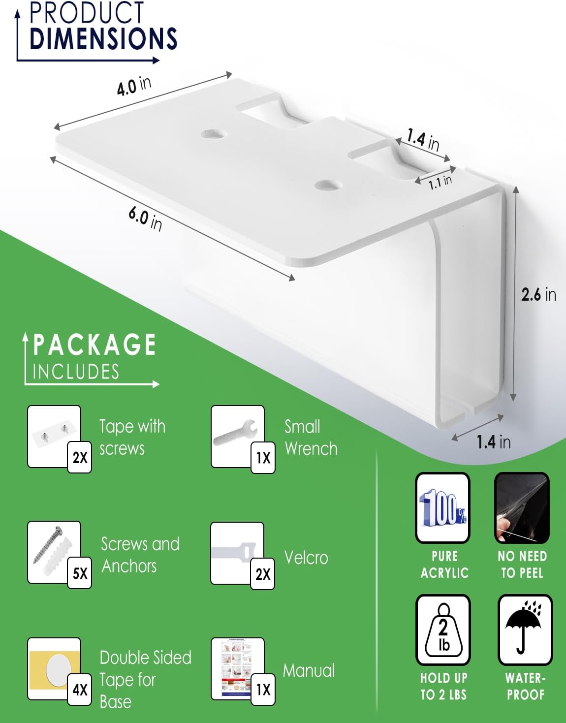 Acrylic Electric Toothbrush Holder for Bathroom, Wall Mounted Electric Toothbrush Holder with Hidden Cable Management, Space-Saving and Convenient for Charging -White-2P