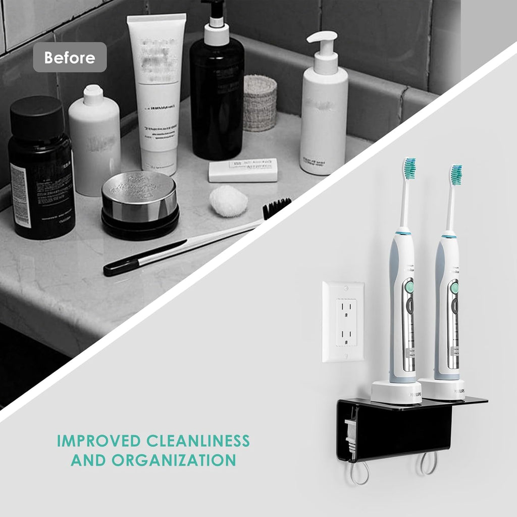 Modern Acrylic Wall Mounted Electric Toothbrush Holder with Hidden Cable Management - Space-Saving Bathroom Organizer for Shower-Safe, Waterproof Adhesive Mount No Drill-Matte Black