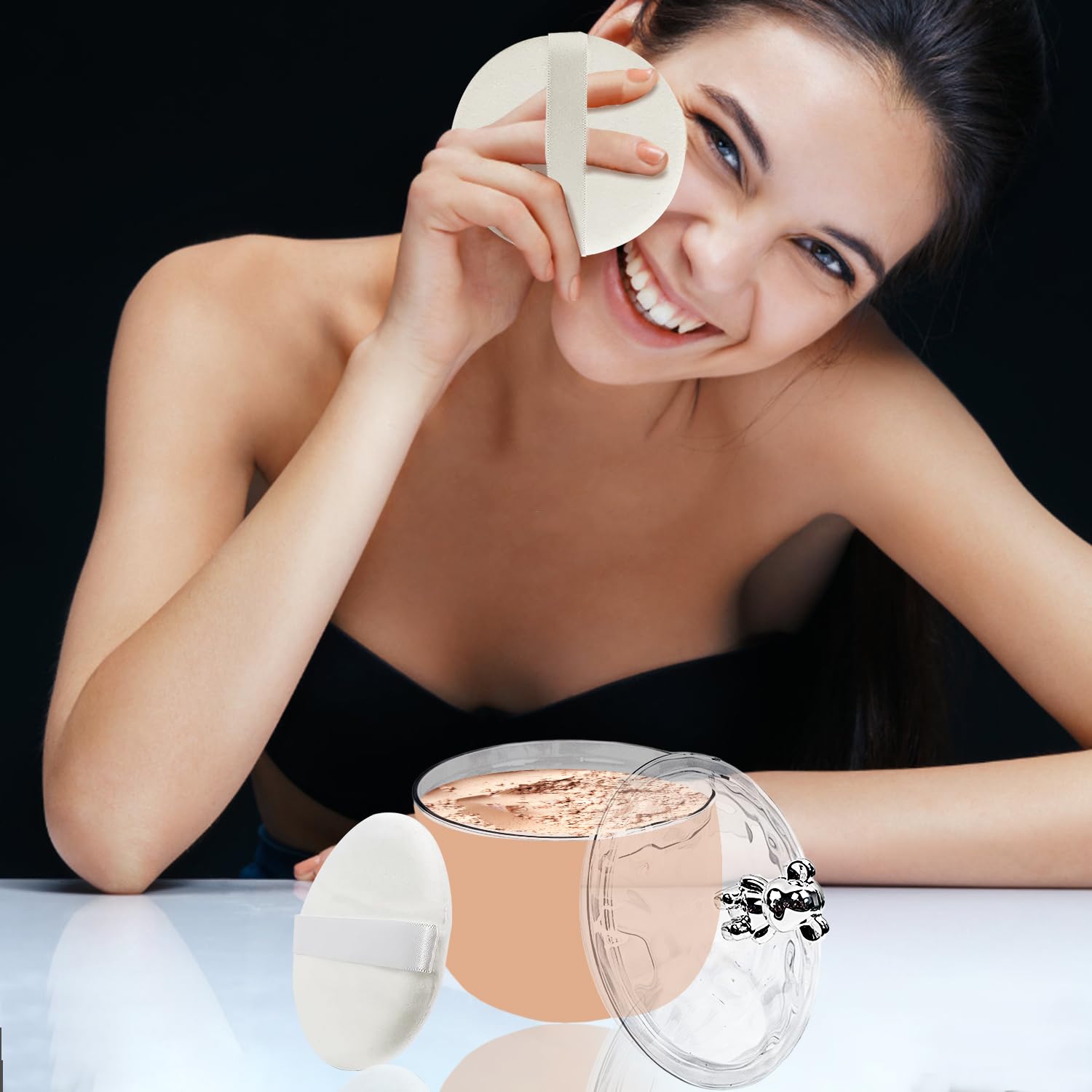 3 Pcs Body Face Plastic Powder Puff and Container Dish with Fluffy Soft Large Powder Puff for Women(Bear Shape)