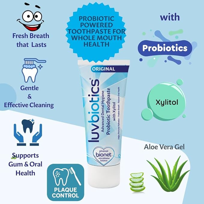 Luv Biotics Original Mint Toothpaste with Oral Probiotics & Xylitol – Fresh Breath, Cavity Protection, Microbiome Support & Healthy Gums – No Sulphates or Parabens - 3 x 75ml