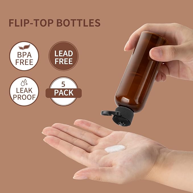 LISAPACK 3.4 oz Travel Bottles for Toiletries, Plastic Travel Size Containers for Shampoo Conditioner TSA Approved, Empty Small Squeeze for Lotion, Leak Proof Mini Liquid Tube for Refillable Brown