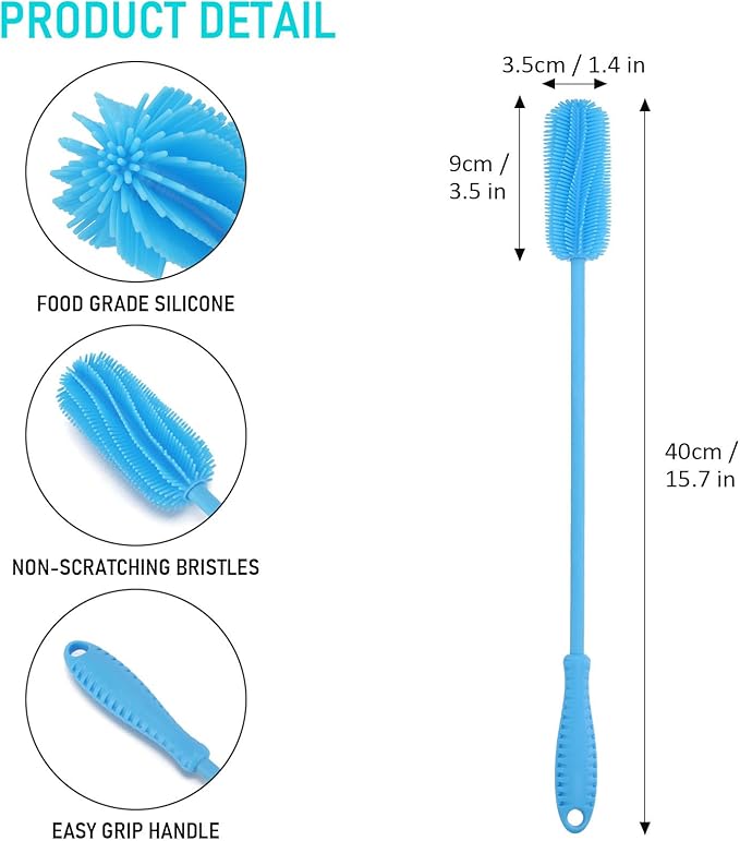 15.7" Silicone Bottle Brush, ddLUCK Water Bottle Cleaner Brush for Stanley, Hydroflasks, Glass, Thermos Sports Bottle, Vase and Glassware, Bottle Brush Cleaner for Small Narrow Neck Containers (Blue)