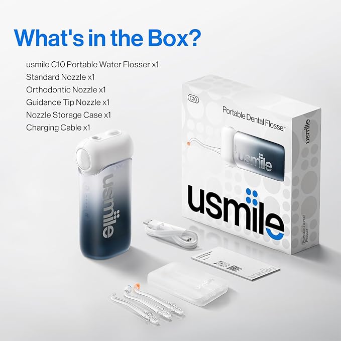 usmile C10 Portable Water Flosser – Travel-Friendly, 95-Day Battery, 4 Modes, 360° Nozzle, 180ml Tank, IPX7 Waterproof, Dentist-Recommended for Braces, Implants & Sensitive Gums (Inkstone Black)