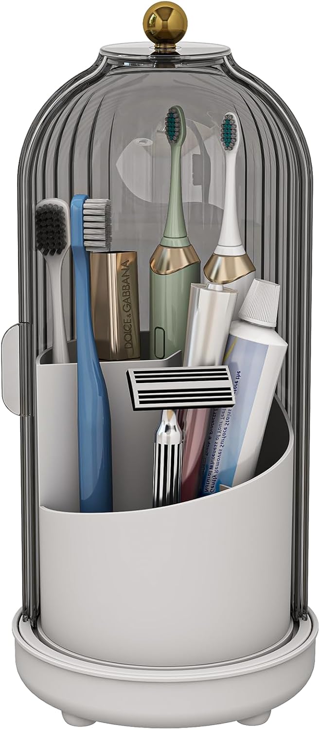 Toothbrush Holders with Cover, Drainage Rotating Electric Toothbrush Organizer, 3 Slots Tooth Brush Holder for Bathroom Counter, Grey White