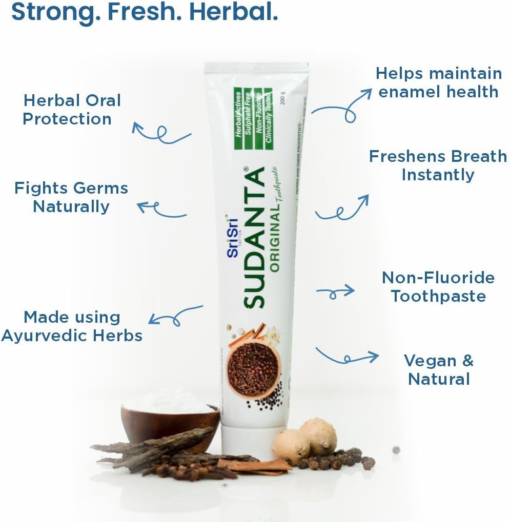 Sri Sri Tattva Sudanta Herbal Toothpaste for Oral Care Protection - Fluoride Free Ayurvedic Toothpaste to Strengthen Teeth and Gums Without Causing Sensitivity - All Natural (200g) Pack of 2