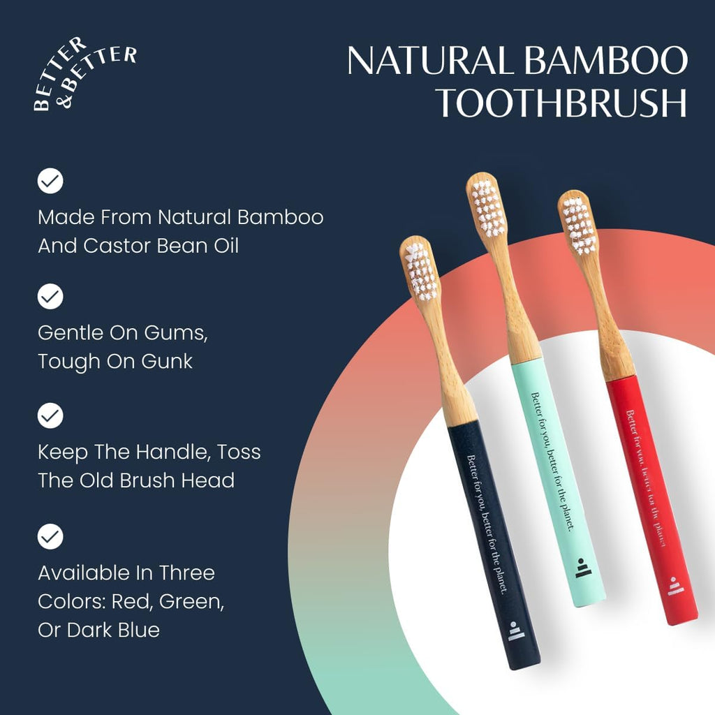 Better & Better Natural Bamboo Toothbrush for Kids | Extra Soft Bristle Toothbrush | 100% Plant-Based | Reusable Handle, Replaceable Brush Head | Eco-Friendly, Zero Plastic (Red)