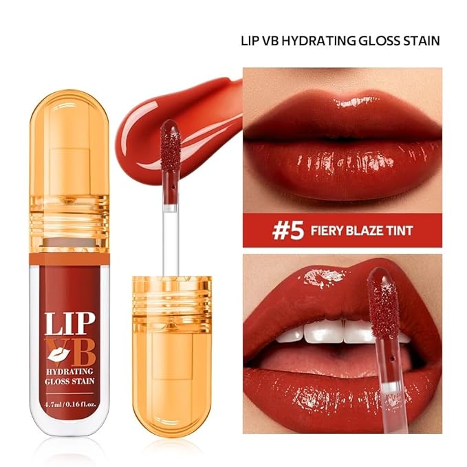LIP VB Hydrating Gloss Stain – Lip Tint Gloss with 12HR Hydration Long-Lasting Moisture & Shine, Smooth Lip Stain with Glossy Finish, Non-Sticky, Rich Color for All Skin Tones (#5 FIERY BLAZE TINT, 1)