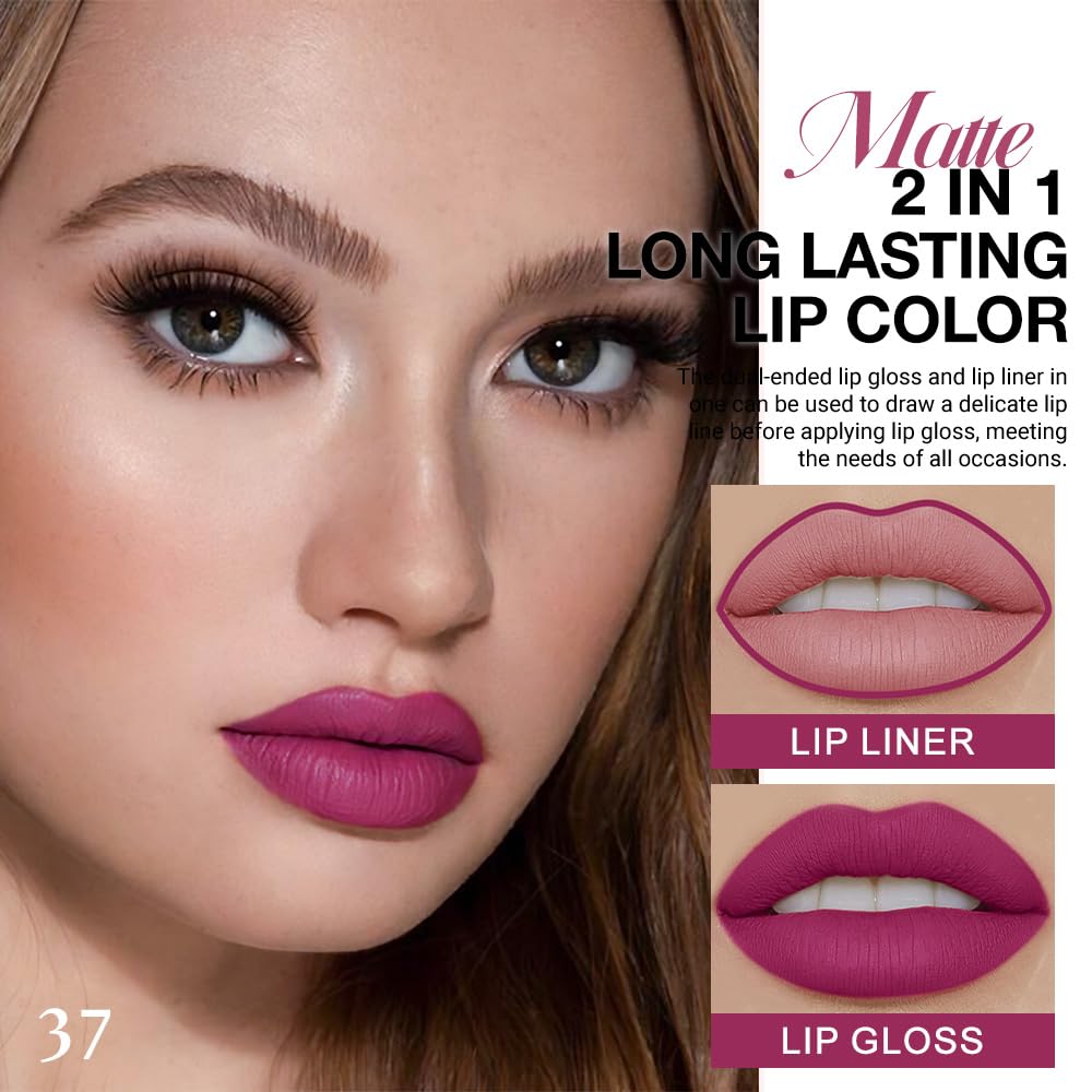 evpct 1Pcs Rose Matte Lip Liner and Liquid Lipstick Stain Makeup Set for Women, Rose Red Plum Long Lasting Smudge Proof Lipstick, 37#