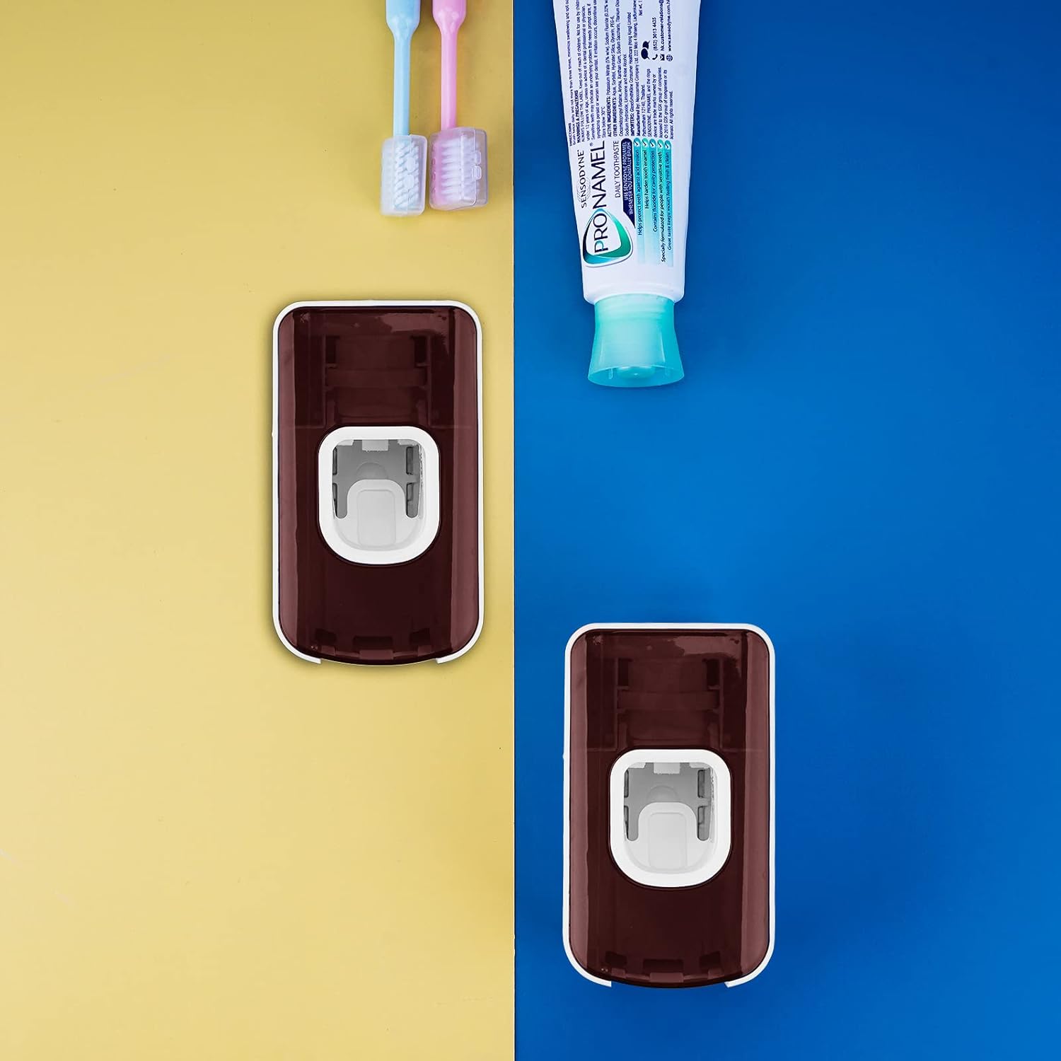 2 Slot Toothbrush Holder and Toothpaste Dispenser Wall Mounted, Automatic Toothpaste Squeezer, 2 in 1 Tooth Brush Toothpaste Organizer for Shower (Red 2Pack)