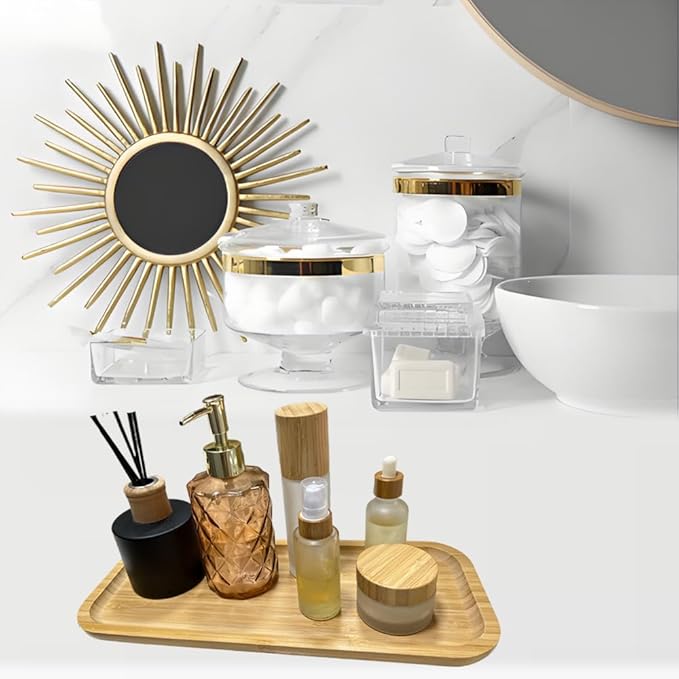 Wood Vanity Tray, Bathroom Counter Solid Bamboo Organizer, Toilet Tank Top Wooden Serving Plate for Dinner Tea Coffee (Natural Bamboo Color, 14 x 5.9 inch)