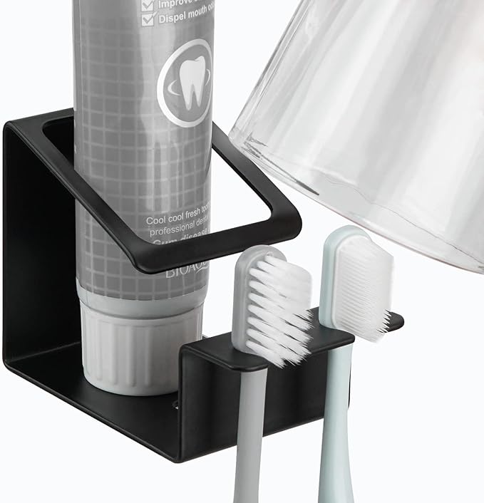 Stainless Steel Toothbrush Holder Wall Mounted, 3 in 1 Toothbrush, Toothpaste and Cup Holder, Adhesive Toothbrush Organizer for Bathroom