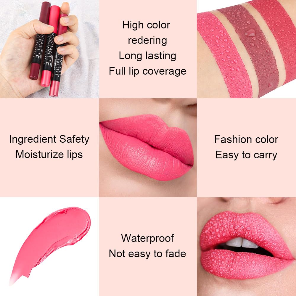 evpct 1Pcs Pink Matte Lipstick and Lip Crayon Liner Pencil Pen Set for Women Lip Stain Long Lasting Waterproof labiales mate magicos 24 horas originales pintalabios permanente 24 horas 04