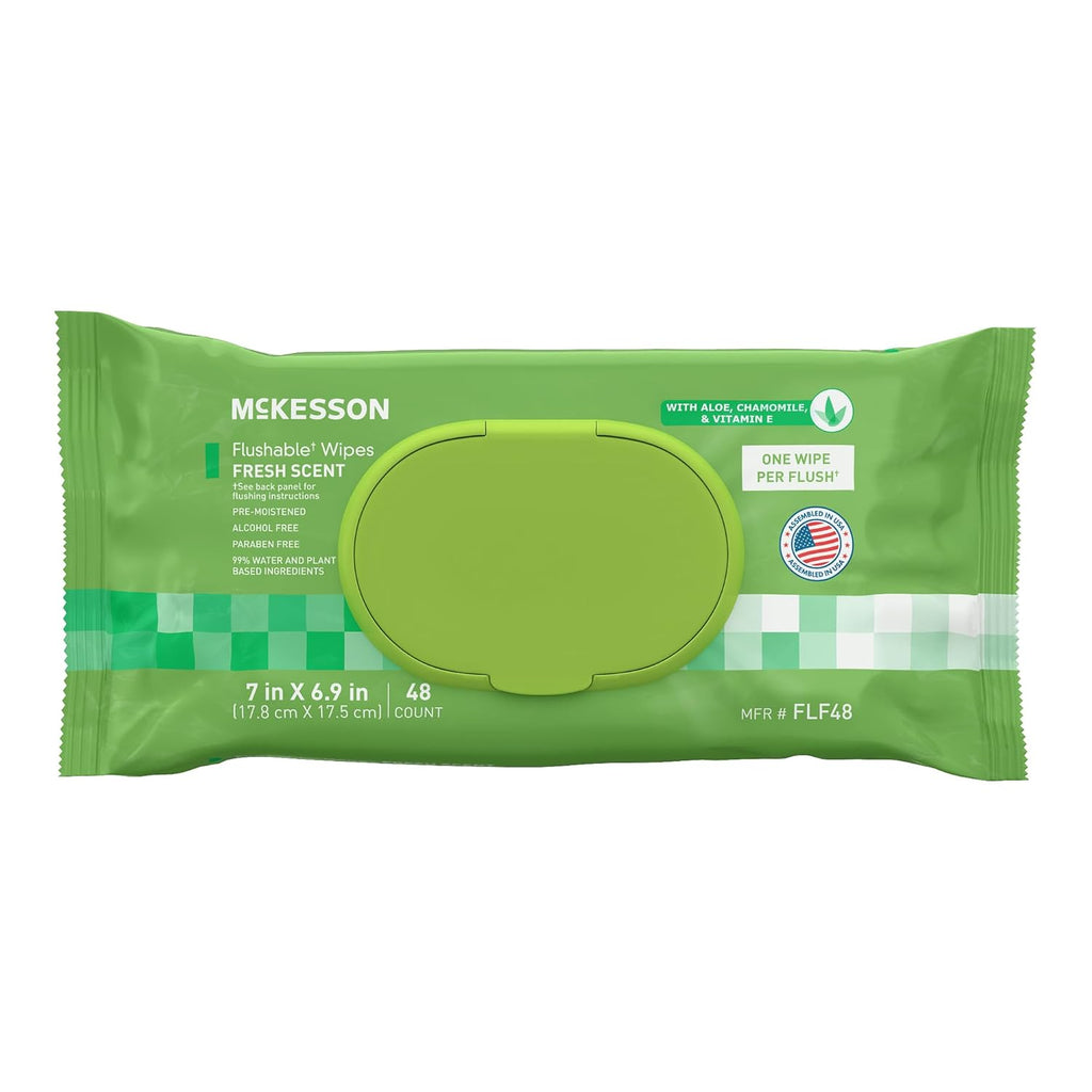 McKesson Flushable* Adult Wet Wipes – 48 Wipes (1 Pack of 48) – Aloe & Vitamin E, Plant-Based Cleansing Wipes, Scented
