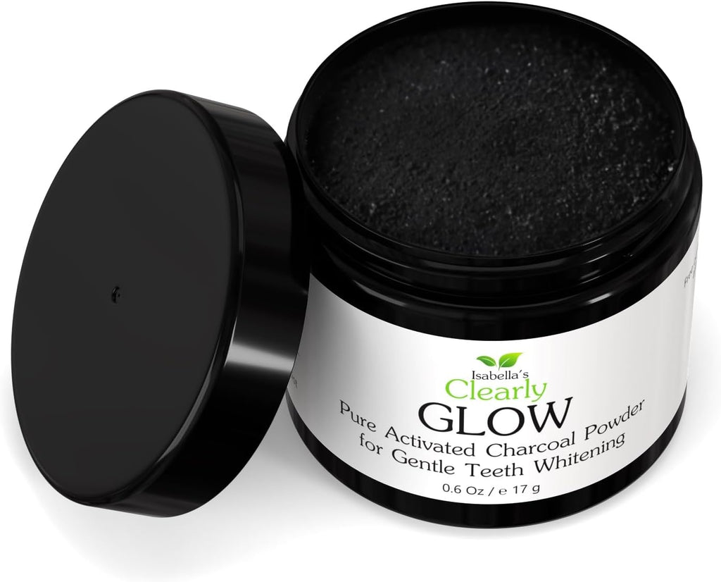 Glow Teeth Whitening Kit (4 Piece) | Pure Food Grade Activated Charcoal Powder + Bamboo Ultra Soft Toothbrush + Copper Tongue Cleaner + Eco Canvas Gift Bag