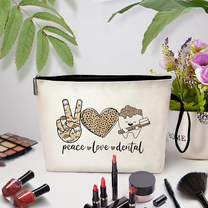 ZHANTUONE Peace Love Dental Cosmetic Bag,Funny Dental Gift,Dental Hygienist Gifts,The Birthday Gift for Dentists,For Women Dental Hygienist Makeup Bag,Dental Assistant Gifts,Dentist Survival Kit