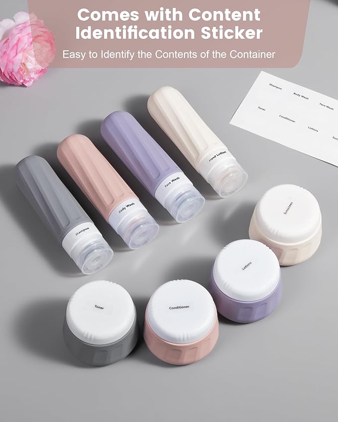 Travel Size Toiletries 8 Pack, TSA Approved 3oz Silicone Squeeze Bottles & Cream Jars with Clear Travel Bag